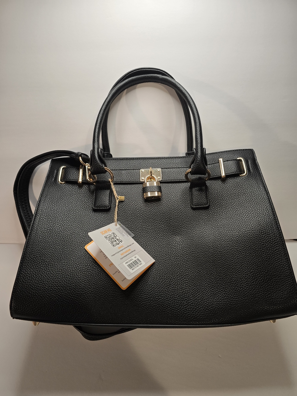 Structured Black Tote with Gold Padlock Accent